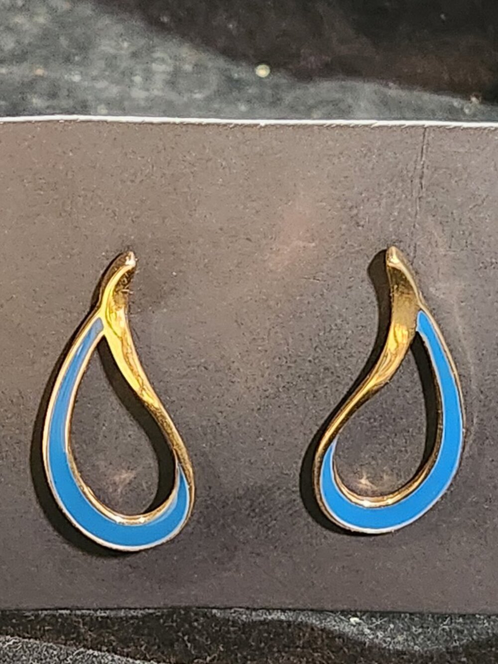 Gold Tone & Blue Enamel Teardrop Earrings